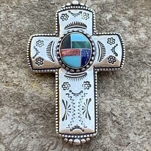 Carolyn Pollack Cross Pendant/Brooch Sterling Silver w/ Inlayed Stones by Relios
